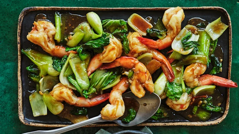 Adam Liaw’s stir-fried prawns and pak choy