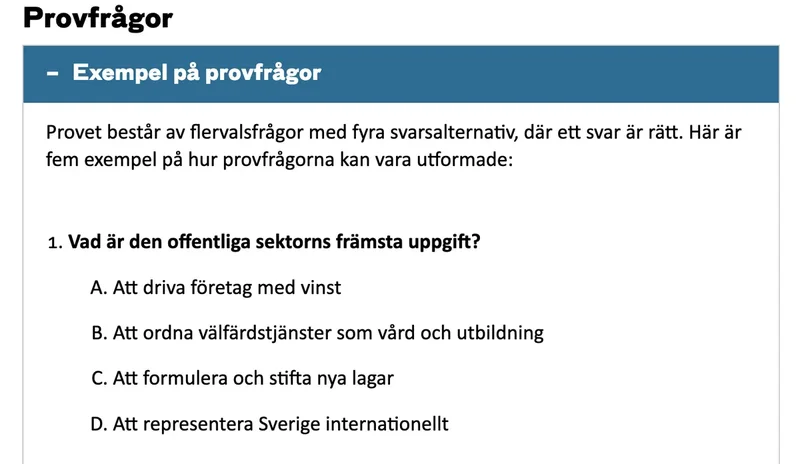 Swedish Higher Education Council posts example questions for citizenship test