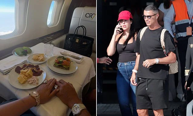 Georgina Rodríguez and Cristiano Ronaldo show off huge matching diamond rings on private jet as they are dogged by rumours they will marry in Portugal this weekend