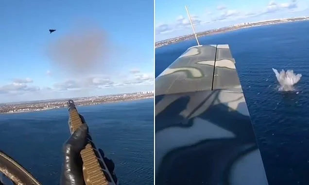 Moment Ukraine backseat gunner shoots down Russian drone from open cockpit - as Putin's Russia is hit by new wave of long-range strikes