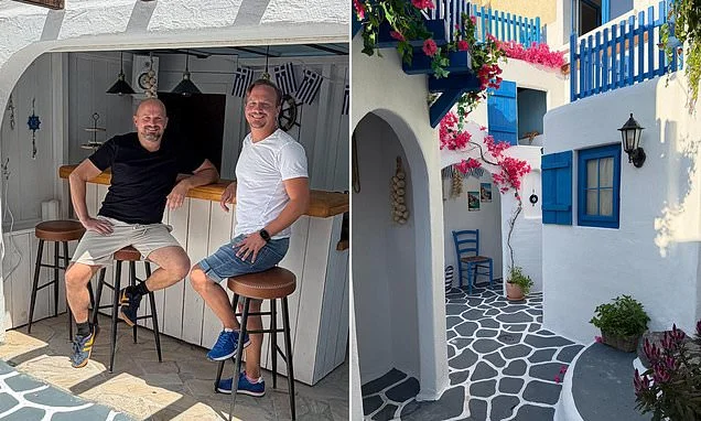 Man spends £10,000 building a miniature Greek village in his back garden - complete with cobbled streets, blue shutters and a traditional bar