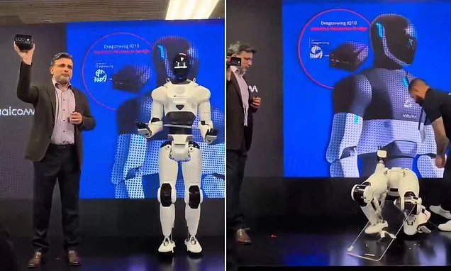Moment robot hilariously collapses mid-presentation... before being covered up like a corpse