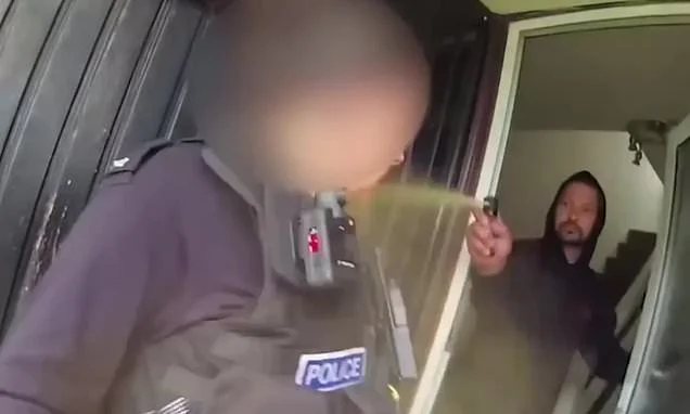 Moment policewoman is left temporarily blind and struggling to breathe after being pepper sprayed by man while attending an assault call out