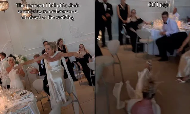 Kate Lawler suffers a drunken fall as she goes flying off her chair in high heels at her brother's wedding as she jokes 'I'm a broken woman'