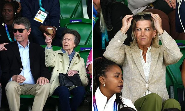 A royal turnout! Princess Anne puts on an animated display as she and husband Timothy Laurence enjoy rare joint outing with Duke and Duchess of Edinburgh for day seven of the Commonwealth Games