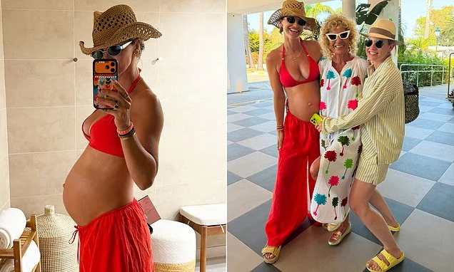 Pregnant Vogue Williams shows off her bump in a red bikini as she unwinds at a luxurious hotel with her children and sister Amber in Marbella