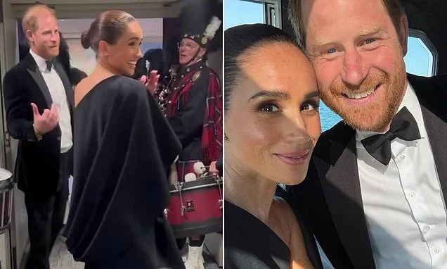 Meghan Markle beams 'my husband loves bagpipes!' as she and Prince Harry arrive at event to support music mogul friend David Foster