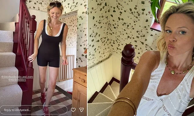 Emily Atack shows off her weight loss in a lycra unitard as she gives an update on her countryside home renovation