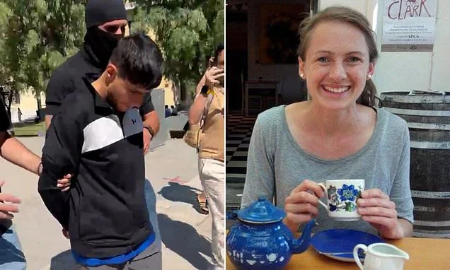 Afghan migrant accused of killing British charity worker then hiding her in a suitcase is seen heading to Greek court