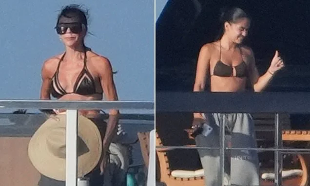 Victoria Beckham, 52, and Kim Turnbull, 25, wear matching tiny black bikinis as shirtless David, 51, tops up his tan on luxury yacht in St Tropez after estranged son Brooklyn's latest social media jibe