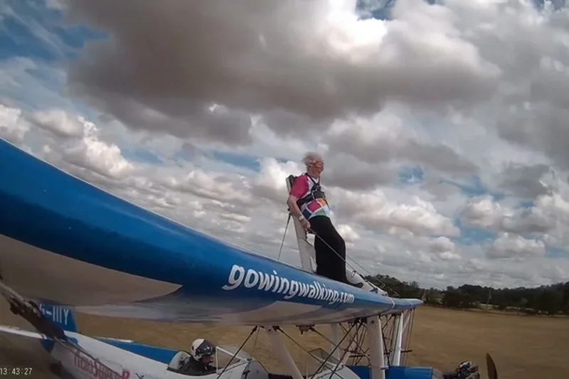 British grandmother becomes oldest female wing walker - just a year after suffering a stroke