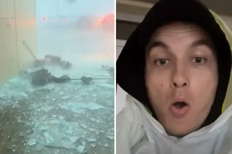 Officer inches from being crushed by falling glass and debris as storm hits college campus