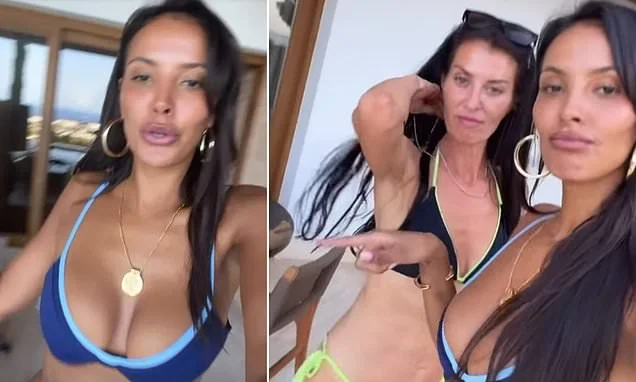 Maya Jama shows off her gorgeous curves in a blue bikini as she poses with her swimwear-clad mum Sadie, 51, during raucous Ibiza birthday trip
