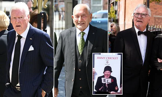 Catchphrase star Roy Walker leads mourners at comedian Jimmy Cricket's funeral alongside TV greats Tommy Cannon and Syd Little in Greater Manchester