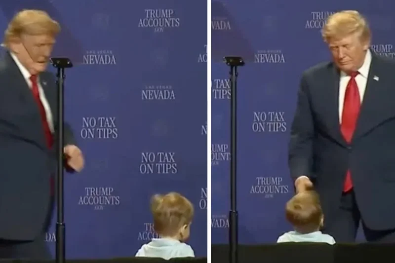 Trump chases after toddler across stage before taking swipe at Biden