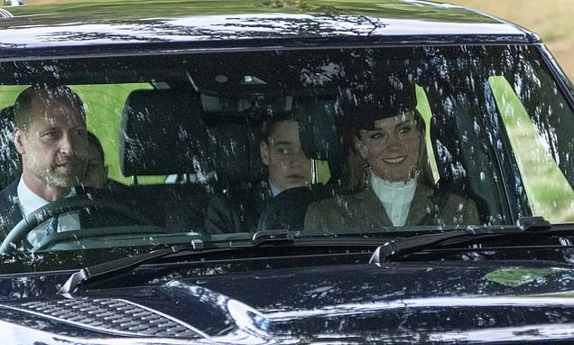 A royal show of unity: Smiling Kate attends church service with William, children and rest of family at Balmoral ahead of Harry and Meghan's shock return to Britain