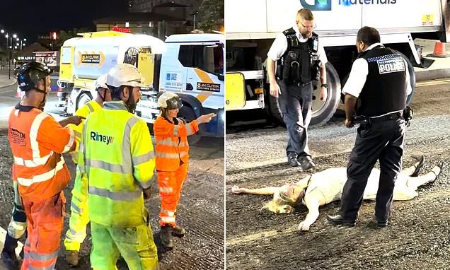 Moment woman lies down in front of heavy machinery in 1am protest over noisy overnight roadworks in east London street