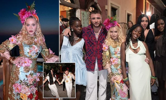 Madonna poses for rare snap with her children to mark her 68th birthday in Greece... as Rocco Ritchie and Lourdes Leon steal the spotlight