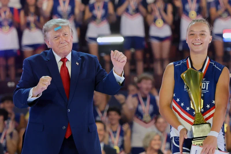 Trump walks in to sparklers and does YMCA dance at controversial Patriot Games final in Ohio