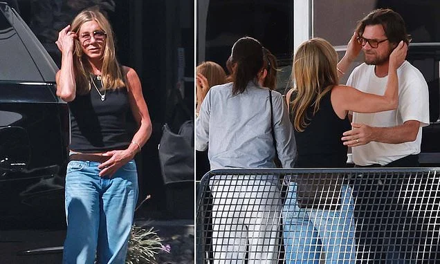 Jennifer Aniston gives her co-star best pals Courteney Cox and Jason Bateman warm hugs as they exit private jet after Spanish vacation