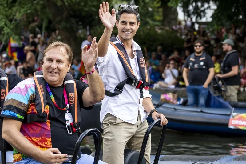 Openly gay Dutch prime minister Rob Jetten sails in Amsterdam Pride boat parade