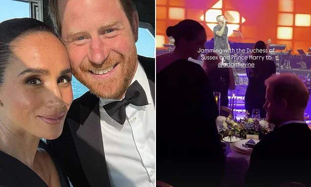 Meghan is spotted 'jamming' to Maroon 5 singer Adam Levine's performance at charity gala - while Prince Harry stays seated