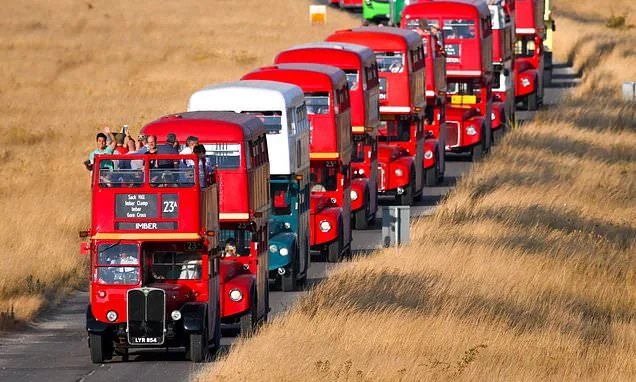The road to nowhere! Dozens board 40 vintage red buses for annual one-day-only visit to 'ghost' village