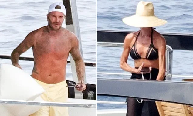 Victoria Beckham shows off her toned figure in a black bikini as she relaxes with shirtless husband David on their yacht near Capri amid summer break