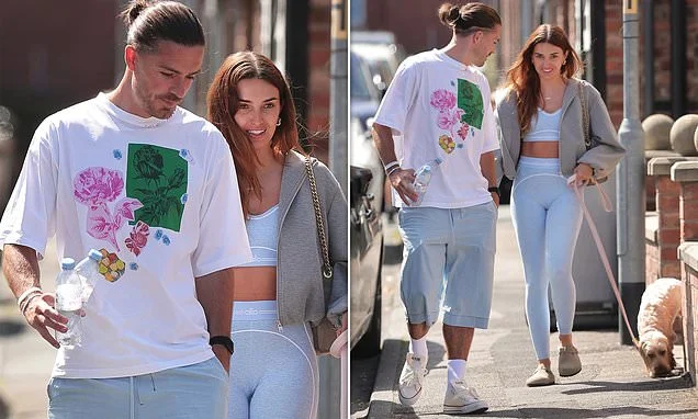 Jack Grealish and Sasha Attwood look loved-up as they enjoy a brunch date with their dog Skye