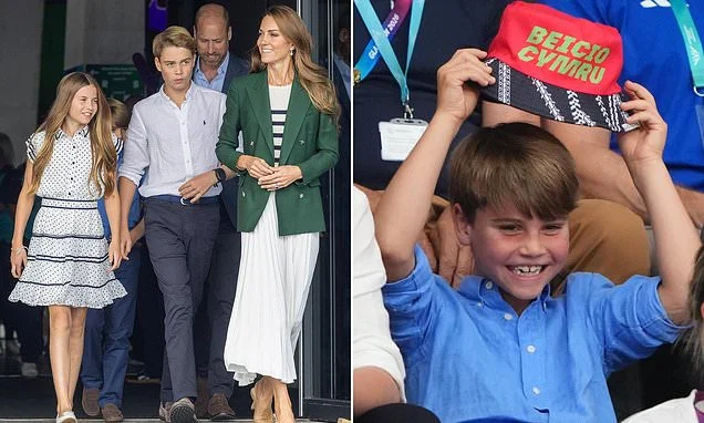 Princes George and Louis step out in matching Ralph Lauren shirts while Princess Charlotte channels Kate in a £30 dress from Guess for Commonwealth Games outing