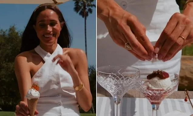 Meghan showcases her impressive jewellery collection in latest promo clip including mystery gold band and huge $250,000 pear diamond as she continues to go without her engagement ring