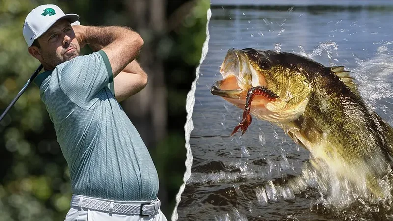 Largemouth bass explodes from water to eat Charl Schwartzel's golf ball at LIV Golf New York