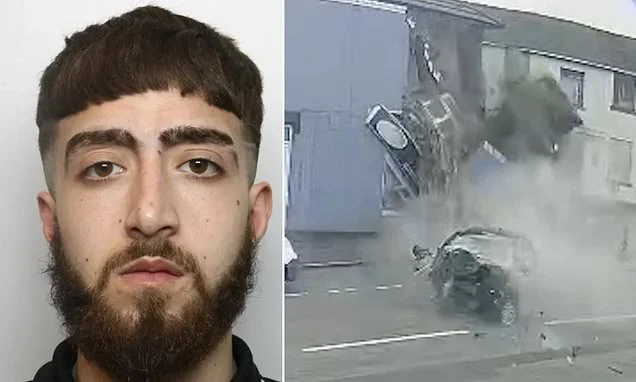 Moment motorist collapses building after ploughing into takeaway while on his phone