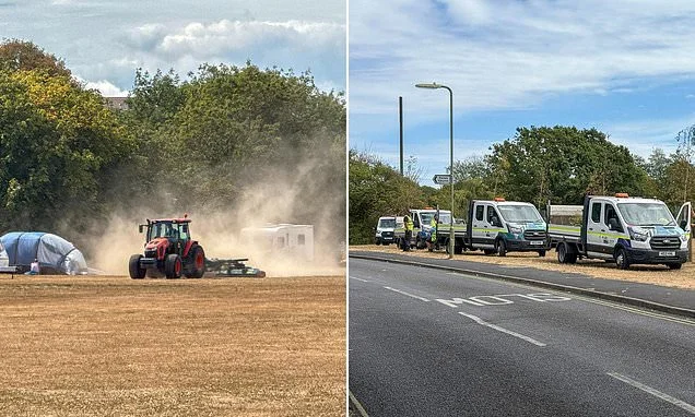 Council try to block travellers from entering field with 'ring of steel' and use tractor to kick up dust and force caravans out