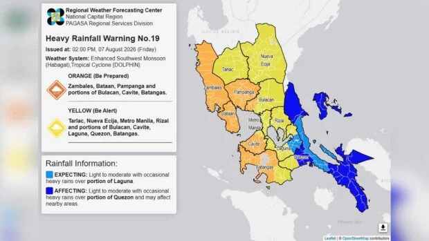 Orange rainfall warning up over 6 areas in Central, Southern Luzon
