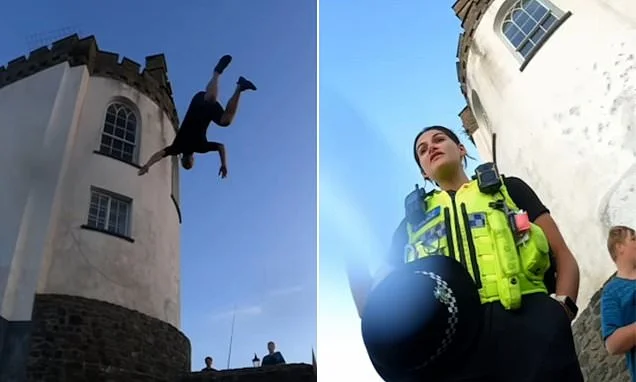 Moment reckless daredevils defy police to 'tombstone' into sea from charity's roof