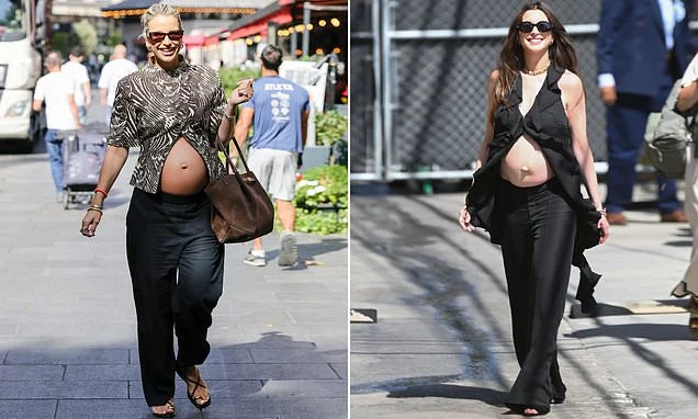 Pregnant Vogue Williams, 40, steals Anne Hathaway's maternity style as she bares her baby bump in low-slung trousers and an unbuttoned top