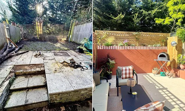 Woman saves £50,000 using thrifty DIY hacks and digging with just a shovel to transform her 'muddy' garden into a paved oasis
