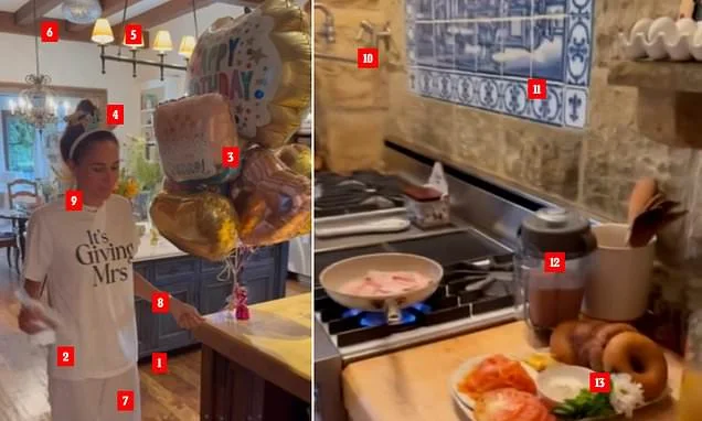 A dance around Meghan's brand new kitchen: Hidden details in Duchess' birthday video show revamped space at her £11million Montecito mansion - including TWO islands, tiles inspired by her love of Portugal and a 'pot filler' tap