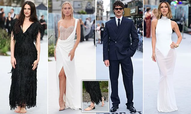 Newly single Margaret Qualley arrives barefoot and ditches her wedding ring in first red carpet appearance since split from Jack Antonoff as she joins Jacob Elordi at The Dog Star premiere