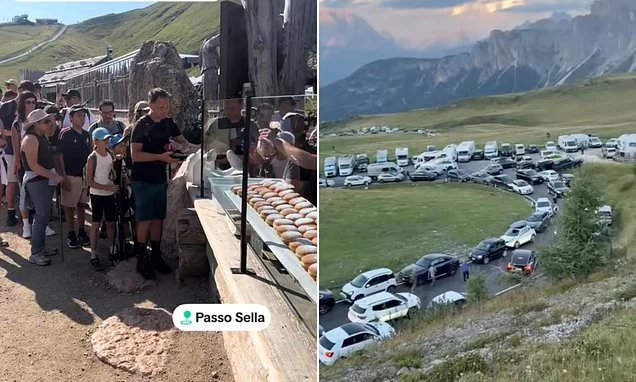 Tourists swamp Dolomites beauty spot with 'crazy' queues forming for local delicacy - as Italian mountains groan under pressure from visitor invasion
