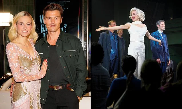 Pixie Lott swaps her stage look for a pink gown as she is supported by her husband Oliver Cheshire at Who Killed Marilyn? press night party - despite lacklustre critical reception