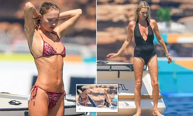 Kate Moss, 52, turns heads in a plunging swimsuit as she joins bikini-clad daughter Lila, 23, as they cool off on a girls' boat trip to Formentera