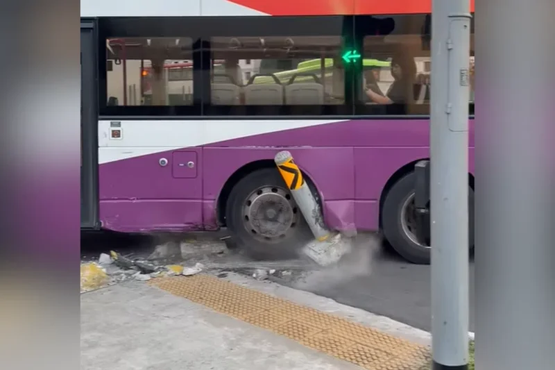SMRT Buses investigating after double-decker bus mounts kerb, strikes bollard in Boon Lay