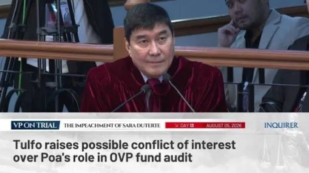 WATCH: Tulfo raises Poa conflict of interest issue in OVP fund audit