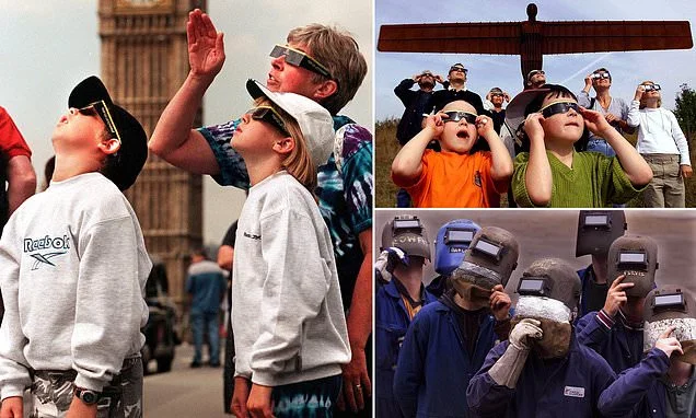 Where did YOU watch the UK's last solar eclipse? Office workers poured into the streets, hospital staff climbed onto roofs and spectators - armed with glasses, welding masks or colanders - raced up hills to witness Britain go dark in 1999