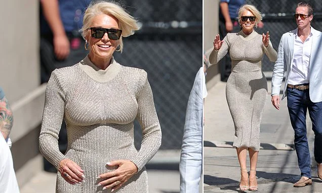 Hannah Waddingham stuns in a form-fitting gold dress as her spine surgeon boyfriend Nicolas Beresford-Cleary proves he's a total gentleman at Jimmy Kimmel Live