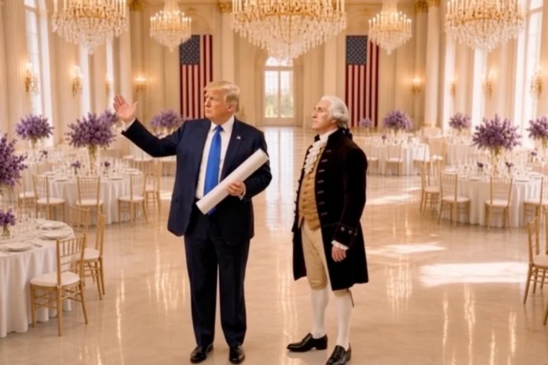 Trump shows off his ballroom to George Washington in latest AI obsession