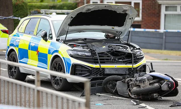 Three boys are rushed to hospital after stolen moped and police car crash