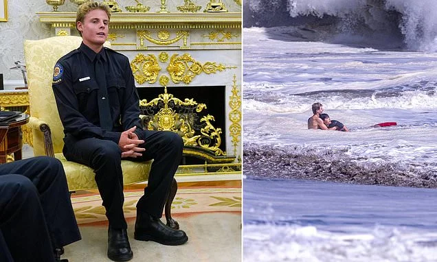 Trump praises 'good genes' of 16-year-old lifeguard hero in Oval Office as his proud mother looks on